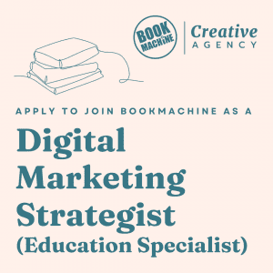 Pale peach background with the BookMachine Creative Agency logo top right and a graphic style outline drawing of a pile of books. Text reads: Apply to join BookMachine as a Digital Marketing Strategist (Education Specialist)